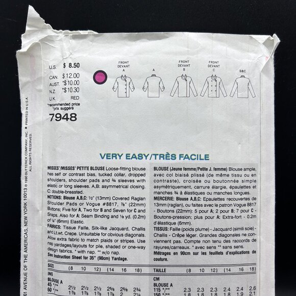 Very Easy Very Vogue 7948 “Petite Blouse” (14-16-18) Sewing Pattern Uncut FF - Picture 3 of 5